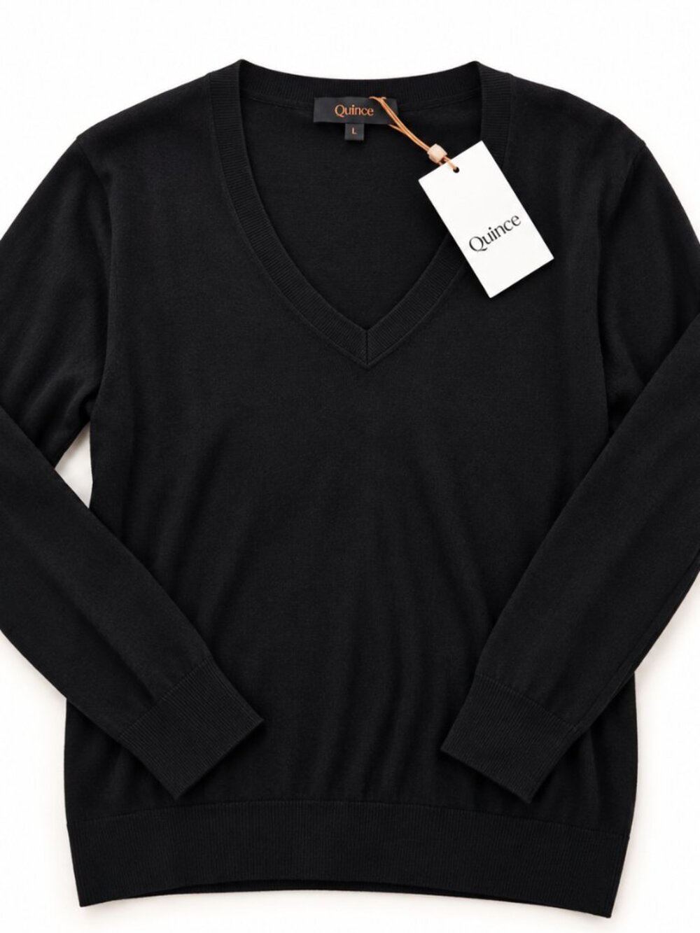 NWT Quince Lightweight Organic Cotton Cashmere V-Neck Sweater Black Large